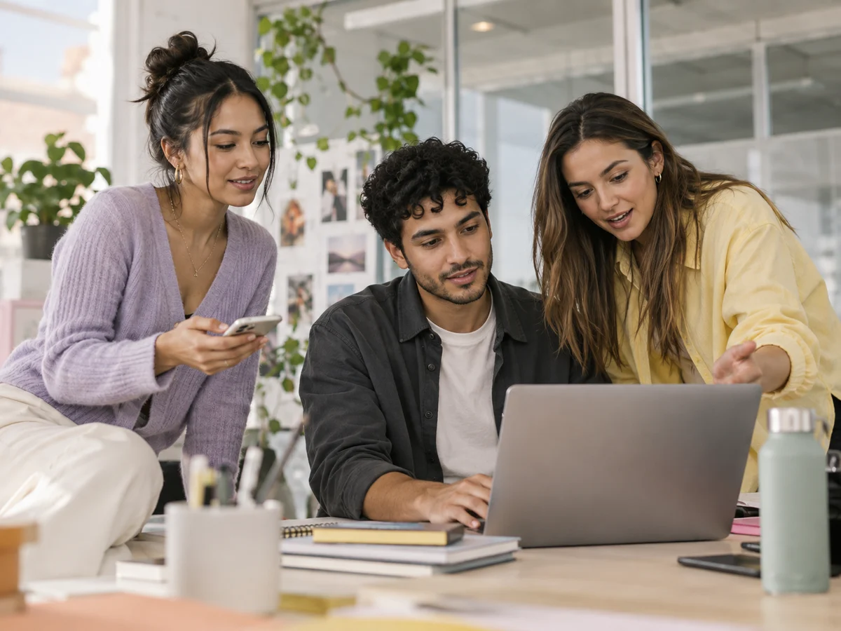 A creator and two agency team members collaborating around a laptop and smartphone